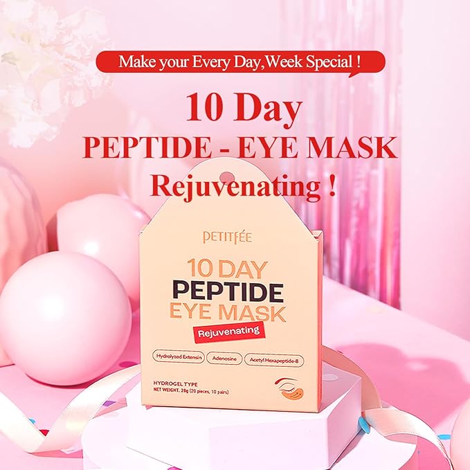 Petitfee 10 DAY Eye Mask Peptide 20pcs (10pairs) - Rejuvenating Eye Patch, Firming Eye with Hydrolyzed Extensin, Peptide, Adenosine, travel friendly, lightweight
