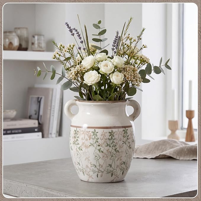 LemonRoad Vintage Planter Large Ceramic Plants Pot Beige Chinoiserie Floral Cottage Scroll Vase Flower Pot Indoor Home Farmhouse Kitchen Antique Decorative Gifts(Green Leaf Vine,7.7 Inch)