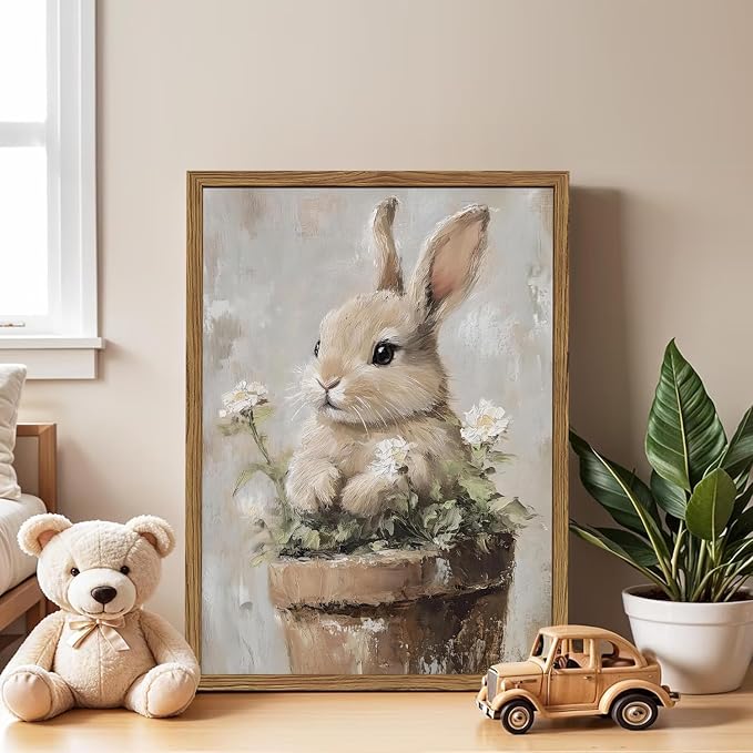 Framed Vintage Easter Bunny Wall Art, Cute Cottagecore Rabbit Floral Pictures Wall Decor, Spring Farmhouse Animal Paintings Prints Rustic Home Decor for Living Room Bedroom Nursery 8x10 inch