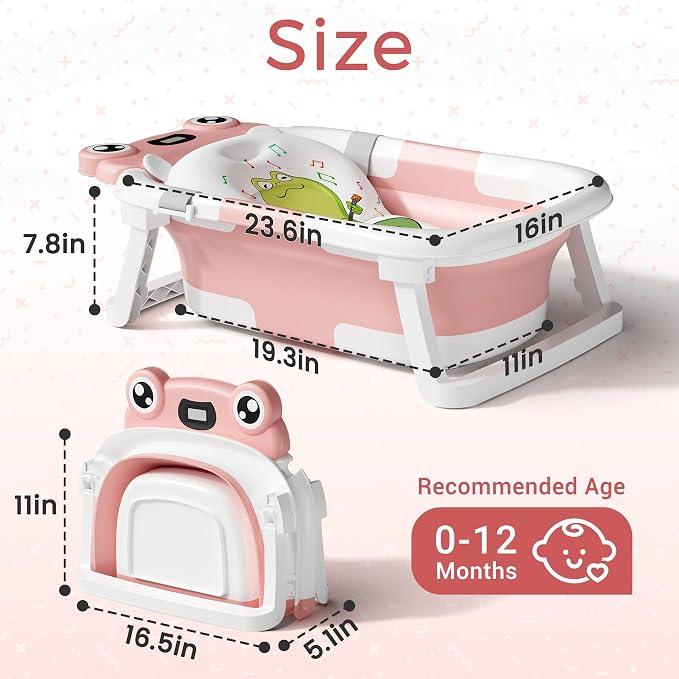BUNWAG Baby Bathtub, Collapsible Newborn Bathtub for Infant to Toddler with Soft Cushion and Thermometer,Portable Travel Newborn Tub with No-Slip Feet, Baby Shower Gifts, 0-12 Months Baby Bath, Pink