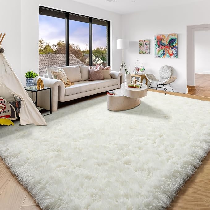 Amdrebio Cream Ivory White Fluffy Plush Big Rug 6x9 for Living Room Bedroom | Shag Fuzzy Shaggy Furry Carpet, Nursery Playroom Classroom Dorm Apartment Home Decor, Neutral Aesthetic, Baby Kids Corner