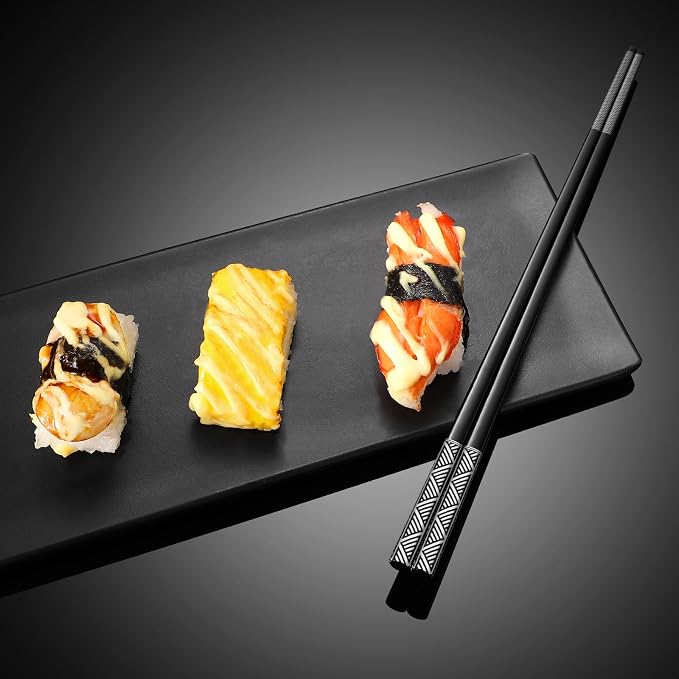 Stainless Steel Chopsticks Set-5 Pairs Reusable Metal Chopsticks 18/8 Dishwasher Safe, Non-Slip Laser Engraved Tips -Premium Japanese Korean Style Titanium Plated Black Chop sticks -Gift Box