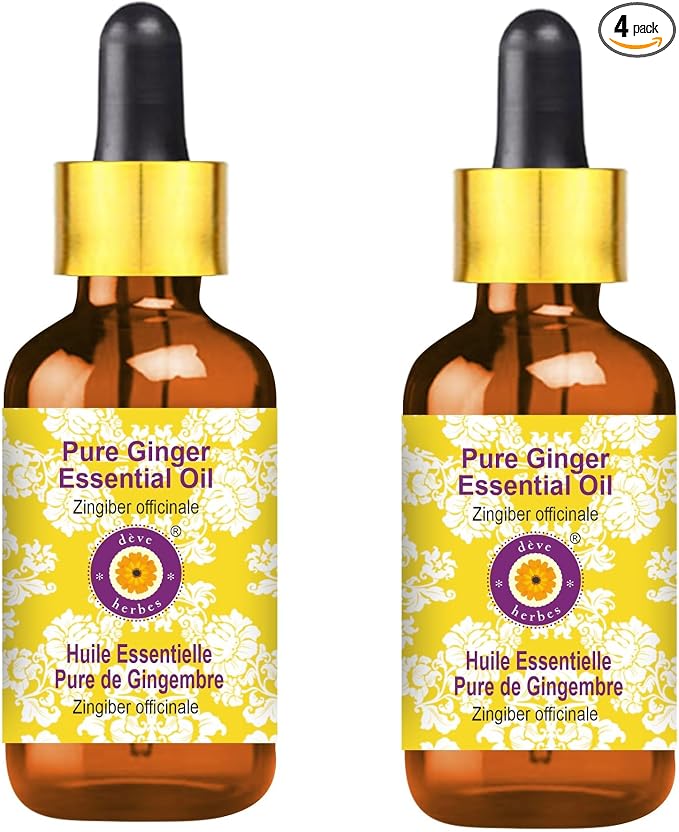 Deve Herbes Pure Ginger Essential Oil (Zingiber officinale) with Glass Dropper Steam Distilled (Pack of Two) 100ml X 2 (6.76 oz)
