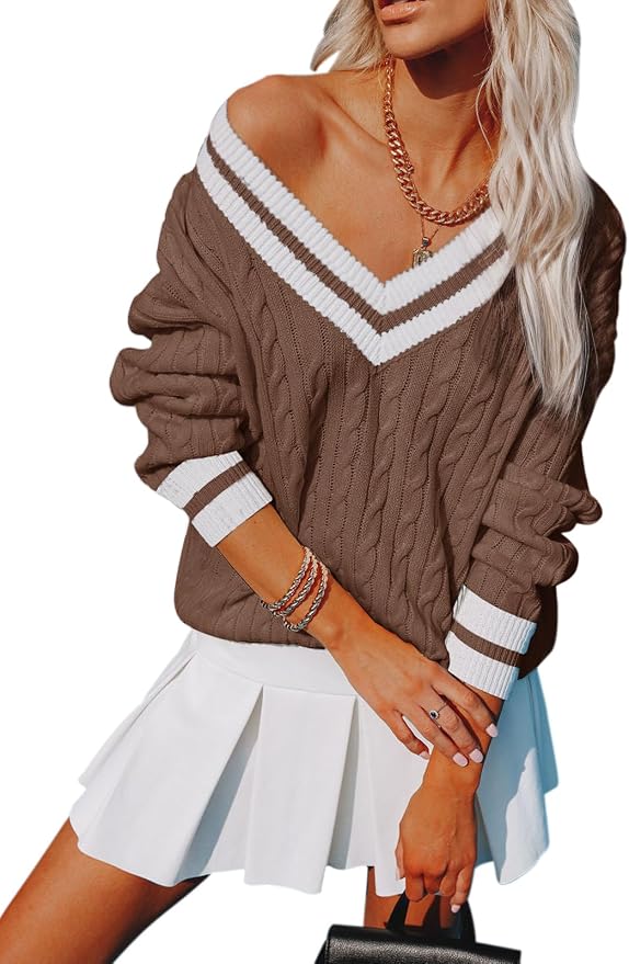 Aoudery Womens V Neck Oversized Sweaters Long Sleeve Cable Knit Pullover Striped Chunky Sweater Casual Tennis Tunic Tops