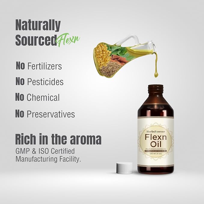 Herbsforever Flexn Oil - Pain Oil for Body, Joint, Musels Massage| Vitex negundo, Boswellia, Cinnamom, Pine, Eucalyptus, Comphor, Capsicum & Ayurvedic Herbal & Essential Oil | 7.1 fl oz, 210 ml