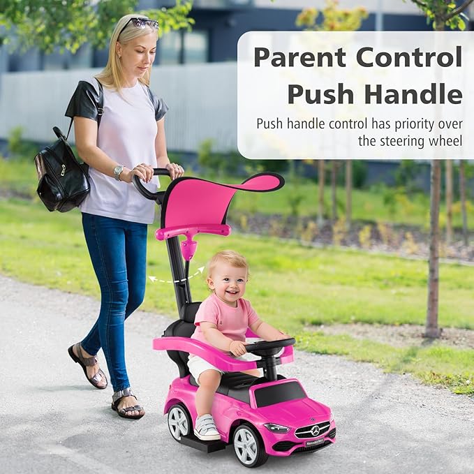 Licensed Mercedes Benz Push Car for Toddlers by INFANS, 3 in 1 Sliding Walking Car with Push Handle, Horn, Music, Underneath Storage, Foot-to-Floor Ride on Toys for Boys Girls, Pink