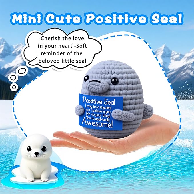 for Women,Men,Mom,Wife, Kids,Friends, Students,Coworkers–Crochet Seal Amigurumi Gift with Pun Card “Seal-iously Awesome”,Handmade Yarn Ornament,Birthday or Holiday Desk Decoration