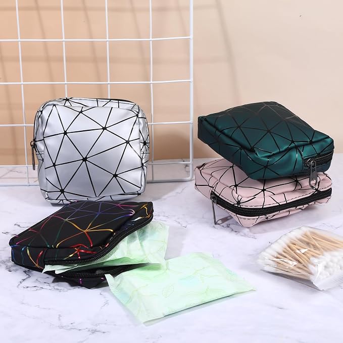 4 PCS Sanitary Napkin Storage Bag, Menstrual Pad Zipper Period Pouch Portable Period Bag Panty Liners, Pad Pouch with Zipper for Women Ladies Daily Use Purse Travel(Diamond,4 Colors)