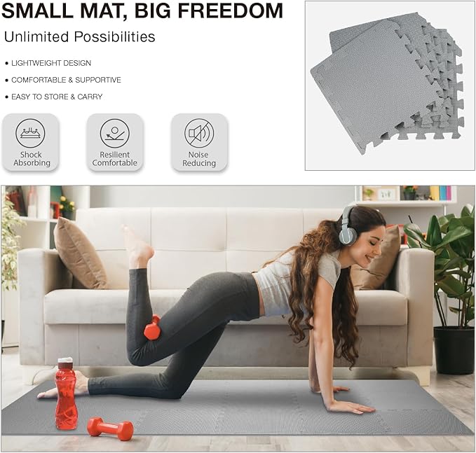 AIRHOP 12x12In Thick 18 Tiles Gym Floor Mat, High-Density EVA Foam Puzzle Gym Mat, Interlocking Foam Floor Tiles for Home Gym Exercise Equipment, Play Workout Garage Kitchen Flooring