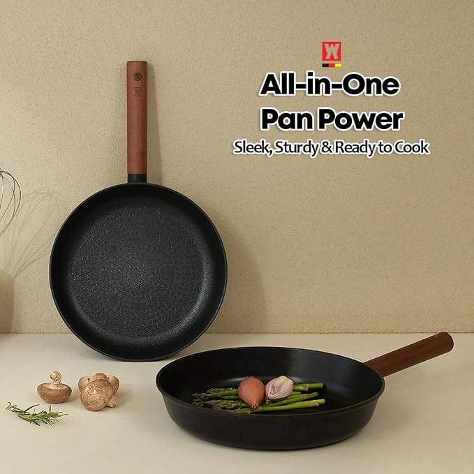WAGENSTEIGER Aluminum Frying Pan with Titanium Coated Non-Stick Surface, 7-Layer Coating With Zelkova Wooden Handle, Restaurant & Business Grade, Made in Korea (17.91" L x 11.22" W x 2.17" H)
