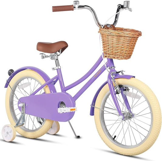 Glerc Little Molly 12-20 Inch Kids Retro Cruiser Bike for 2-13 Year Old with Wicker Basket & Training Wheels/Kickstand, Multiple Colors