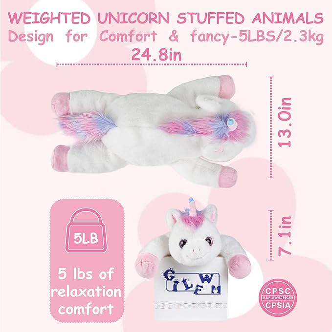 Unicorn Weighted Stuffed Animals - 25" Big Stuffed Animal Toy Rainbow Pillow for Girls Boys Kids, 5 lbs Ultra-Soft Washable Weighted Plush
