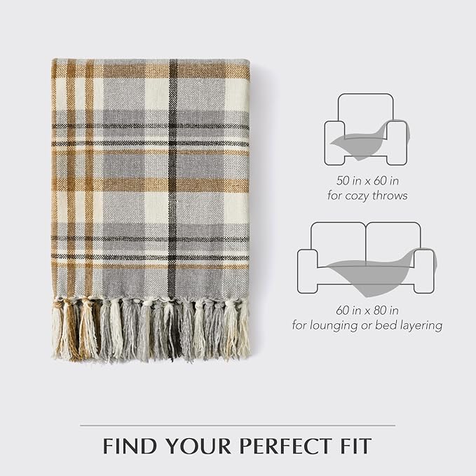 Plaid Chenille Knit Throw Blanket, 50"x60", Grey & Beige | Super Soft Knitted Throw with Tassels, Cozy, Decorative Farmhouse Plaid, Lightweight, Ideal for Couch Bed Gift Home Decor