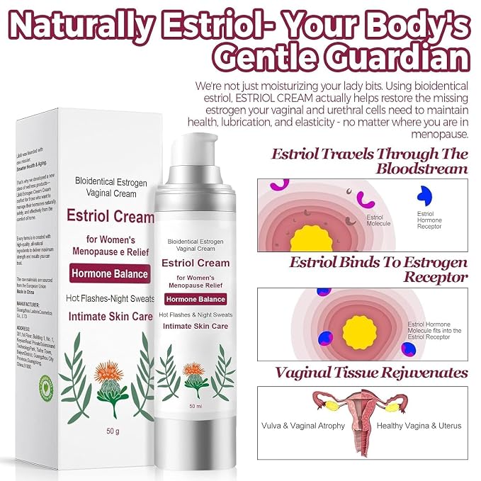 Estriol Cream for Women, Creamy Peach Vaginal Bioidentical Estrogen Cream, Menopause Care: Balance Hormones, Treat Hot Flashes, Night Sweats, and Protect Intimate Skin, 50g