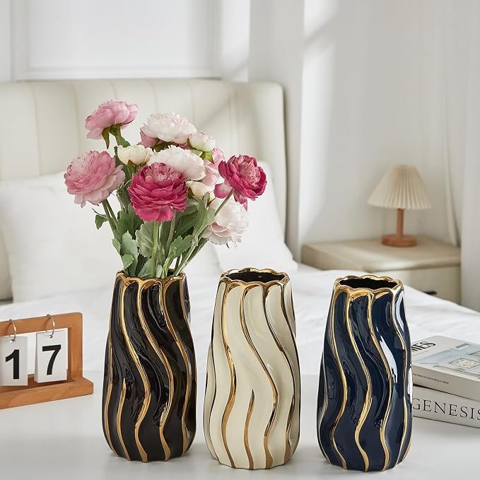 Ceramic Vase for Home Decor,Decorative Flower Vase, Vertical Stripe Ceramic Vases for Home Décor, Bedroom, Office, Living Room, Bathroom, Tabletop Decor, Centerpiece Table Decorations (Cream)