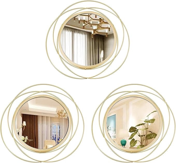 3 Set Round Mirrors for Wall Decor Living Room Bedroom Bathroom Dining Room Metal Circle Mirror Set Boho Decorative Sunburst Wall Art Accent Entryway - Gold 11 in