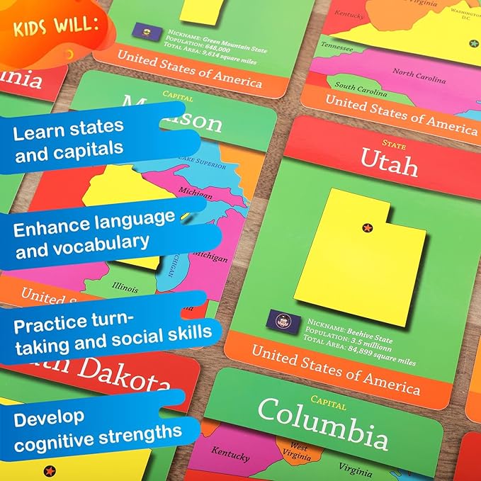 GeoToys GeoCards - USA Geography Flash Cards, Kid Card Games for Home, School & Travel, States & Capitals, Ages 4+