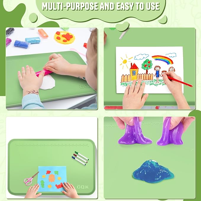 Silicone Art Mat for Crafts, 24" x 16" Painting Mat for Kids with Raised Sides to Stay Tidy, Paint Craft Mats for Clay, Resin, Slime, Jewelry-Making & Crafts Creation (Green)