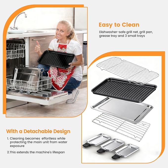 Electric Indoor Grill 1700W 2 in 1 Smokeless Griddle Grill Pan for Kitchen | Temperature Setting Inside Countertop Korean BBQ Grill with Grilling Net & Non-Stick Removable Griddle Plate and 3 Cheese Pan