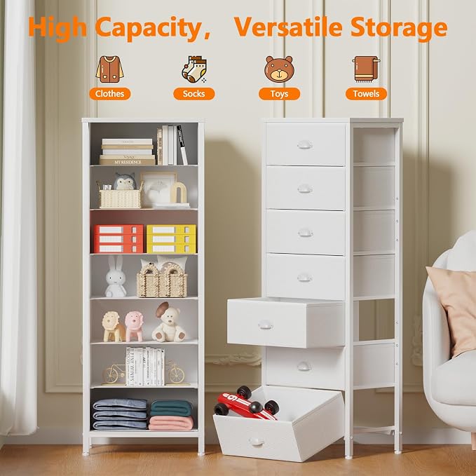 White Tall Dresser for Bedroom, Chest of Drawer with Fabric Drawer | Tall Skinny Dresser with 7 Drawers, Metal Frame, Wooden Top, Dorm Vertical Closet, Bedside Furniture in Living Room