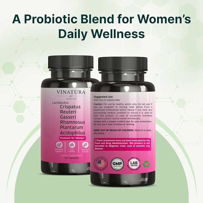 VINATURA Lactobacillus Rhamnosus, Reuteri, Gasseri, Plantarum, Crispatus, Acidophilus Probiotics - Probiotics for Women, Women Vaginal Health, Gut and Digestive Health - 30 Capsules