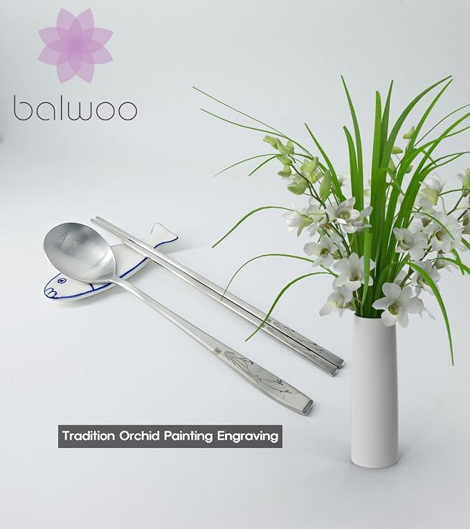 [5 Sets] [Made in Korea] Orchid Design Korean Style Sticky Rice Spoon Chopsticks Set Silverware Set 304 Stainless Steel Cutlery Set Soup Spoon Ramen Chopsticks Flatware (5 Sets)