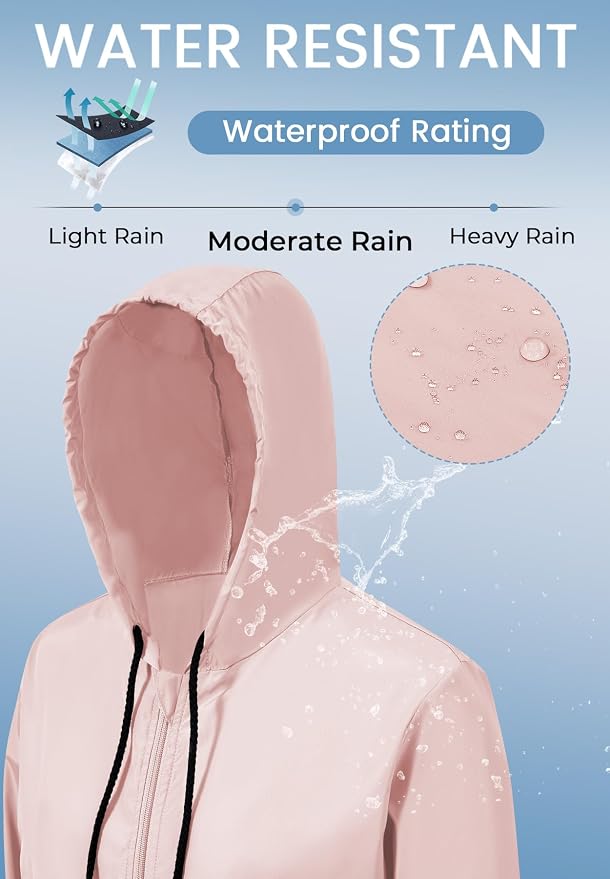 Zando Lightweight Rain Jacket Women Packable Waterproof Raincoat with Hood | Windbreaker Jacket Women, Light Raincoats for Drizzle, Rain Coats for Travel, Hiking and Commute