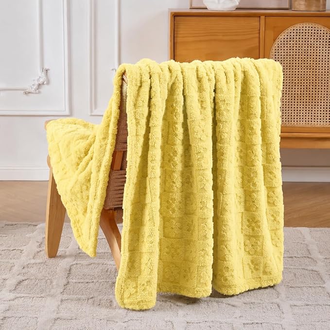 Yellow Floral Plush Throw Blanket 50 x 60 Inch, Soft Fuzzy Fleece, Cozy Decorative Blanket for Couch, Sofa, Bed and Bedroom