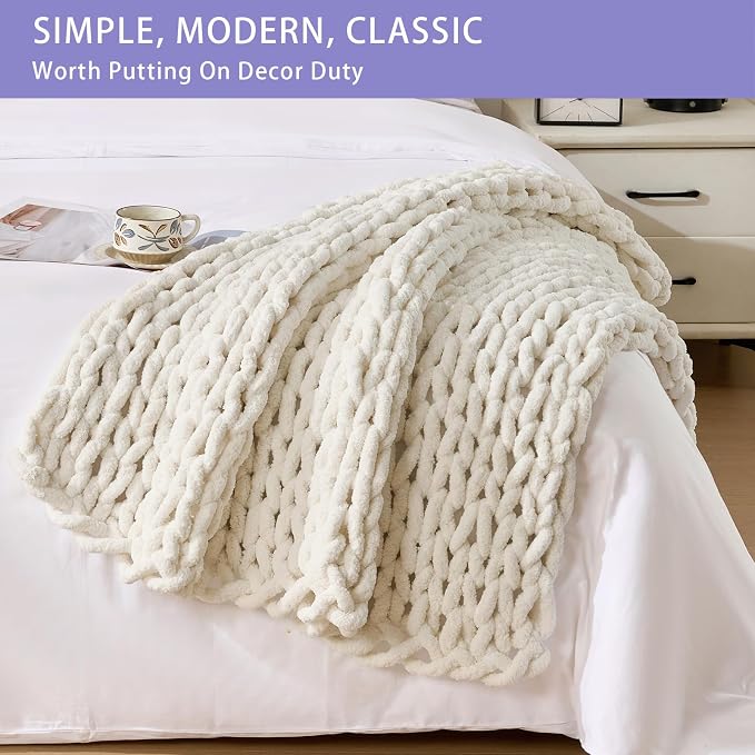Bigacogo Chunky Knit Throw Blanket for Couch, 40x40 inches, Vintage White | Hand Knit with Jumbo Chenille, Soft Breathable Cable Knit for Sofa Bed Living Room, Machine Washable, Gift for Mom Friend