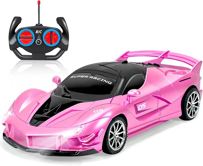 YongnKids Remote Control Car for Girls Kids, Pink RC Race Cars for Girls with Lights, Electric Power On Road Vehicle Toy Christmas Birthday Gift for Kids Age 3+