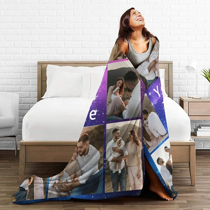 Custom Blanket with Picture Text, Personalized 8 Photo Blanket, HD Printing Customized Flannel Throw Blanket Gifts for Mom Dad Couple Girlfriend Boyfriend Wife Husband Christmas