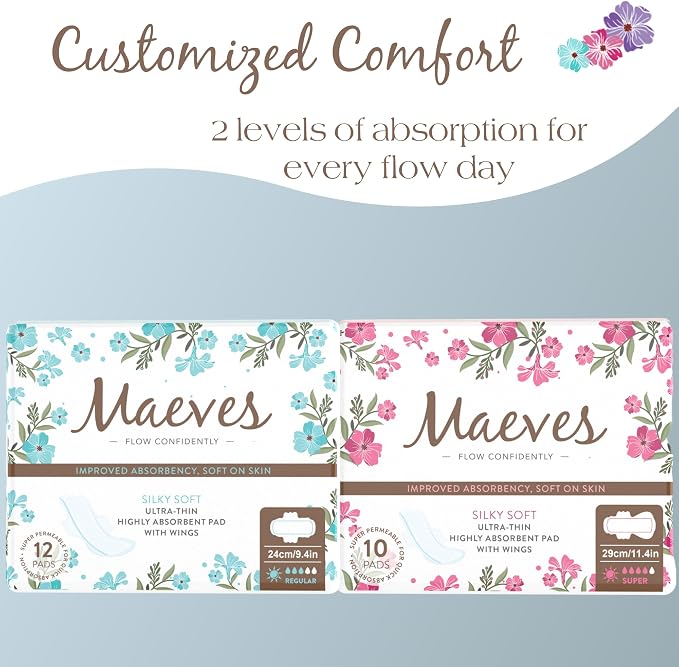 Maeve's Pads Ultra Thin Feminine Care, Maxi Sanitary Napkins with Wings for Regular, Super, Heavy Flow - 22 Count