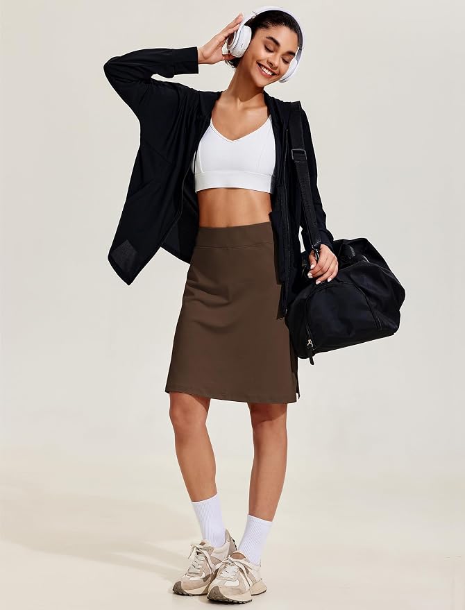 COOrun Women's 20" Knee Length Skirts High Waisted Golf Skorts with Pockets | Soft, Quick Dry, Split Hem, Built-in Shorts, A-line, Modest Skirts, for Golf Athletic Tennis Work Casual