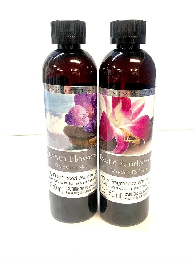 Hosley Set of 2 Assorted Fragrance Warming Oils 5oz Each-Exotic Sandalwood & Ocean Flowers. Ideal for Spa Meditation Bathroom Wellness Gift