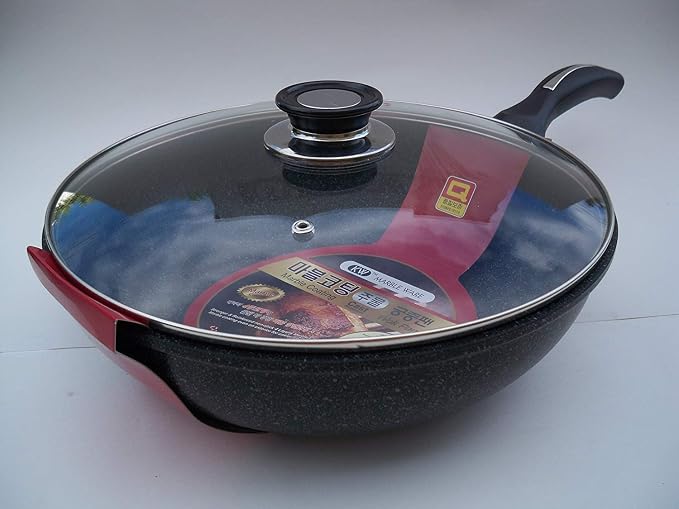 Ceramic Marble Coated Cast Aluminium Non Stick Stir Fry Wok With Glass Lid, 32 cm