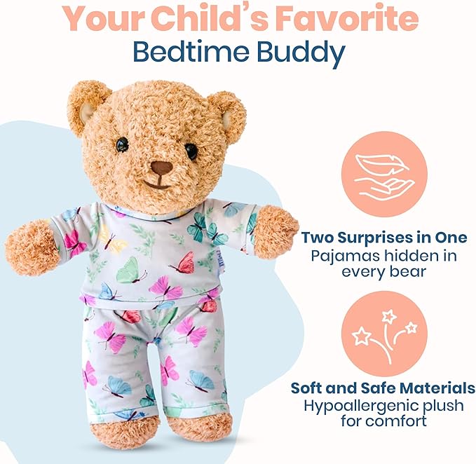 Zip N' Bear Soft Plush Teddy Bear Stuffed Animal with Butterfly Pajamas - Zippy The Bear Cute Cuddly Plush Toy, Perfect Sensory Teddy for Kids, Toddlers - Adorable Gift & Bedtime Companion