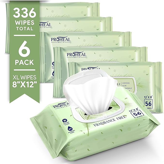Extra Large Adult Wipes for Elderly - 6 Packs of 56 [336 Count] 12" x 8" Disposable Washcloths, Extra Thick Body Wipes for Bathing No Rinse, Fragrance Free Hypoallergenic for Sensitive Skin, ProHeal