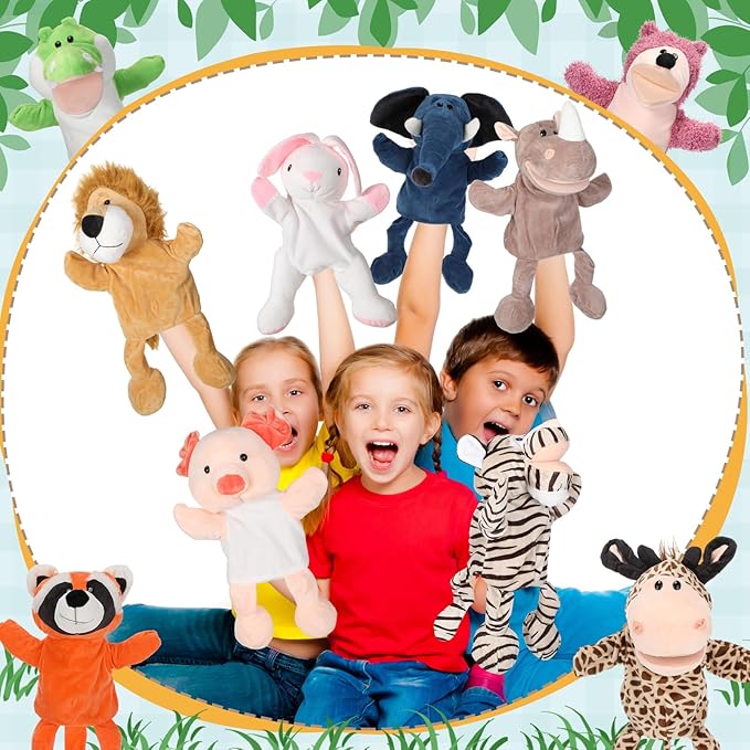 Wettarn 10 Pcs Animal Hand Puppets 12 Inch Soft Plush Plush Puppets Lion Orangutan Giraffe Tiger Pig Elephant Hand Puppets for Adults Storytelling, Teaching, Role Playing(Cute Style)