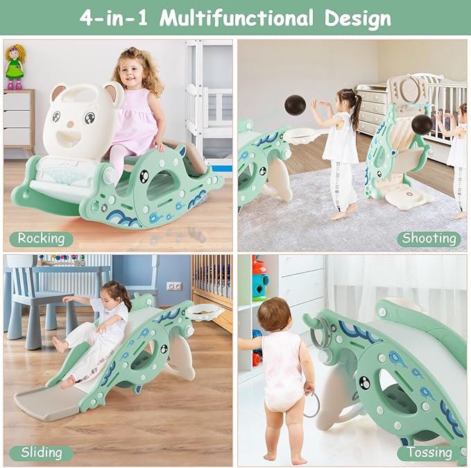 Costzon 4 in 1 Toddler Slide Rocking Toy, Slide for Kids with Basketball Hoop and Ring Game, Rocking Horse, Foldable Climber Playground Slide for Both Indoors Outdoor Use (Green Ocean)