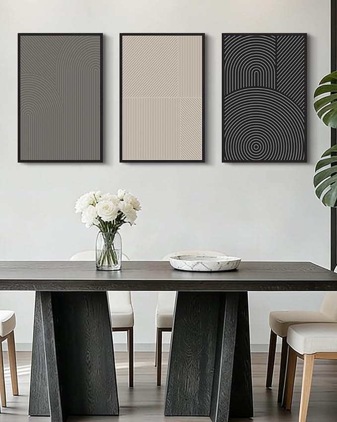 Drsoum Mid-Century Modern Framed Wall Art Large 16x24in Minimalist Abstract Boho Neutral Line Wall Decor Geometric Artwork Kitchen Dining Room Black Framed