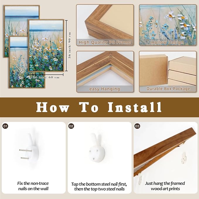 Extra Large Blue Floral Wall Art Framed Artwork for Living Room Bedroom Bathroom Blue Flowers Bloom Painting by The Seaside 24x36 Inches Set of 3