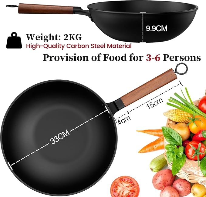Todlabe Carbon Steel Wok, 13-Inch, Pre-Seasoned, Non-Stick, with Lid and Spatula, Flat Bottom, Ideal for Stovetop Cooking