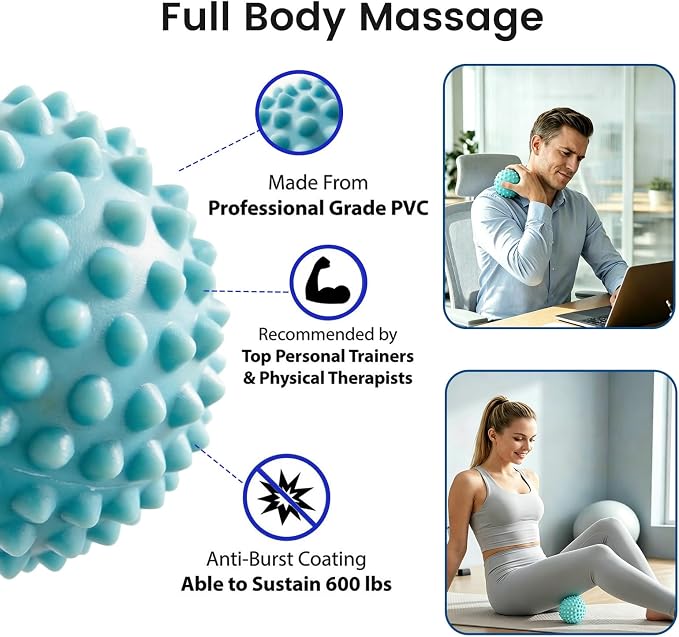 9cm Massage Ball for Trigger Point & Deep Tissue - Gentle Spiky PVC Muscle Roller for Plantar Fasciitis, Neck, Back & Foot Pain Relief - Portable Body Massager (Light Blue)