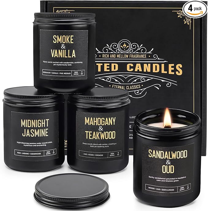Men's Scented Candles Gift Set, 4 Jar Wood Wick Soy Wax Candles for Home | 200 Hour Burn, Mahogany & Teakwood, Smoke & Vanilla, Midnight Jasmine, Sandalwood Oud Scented Candle, Gifts for Men