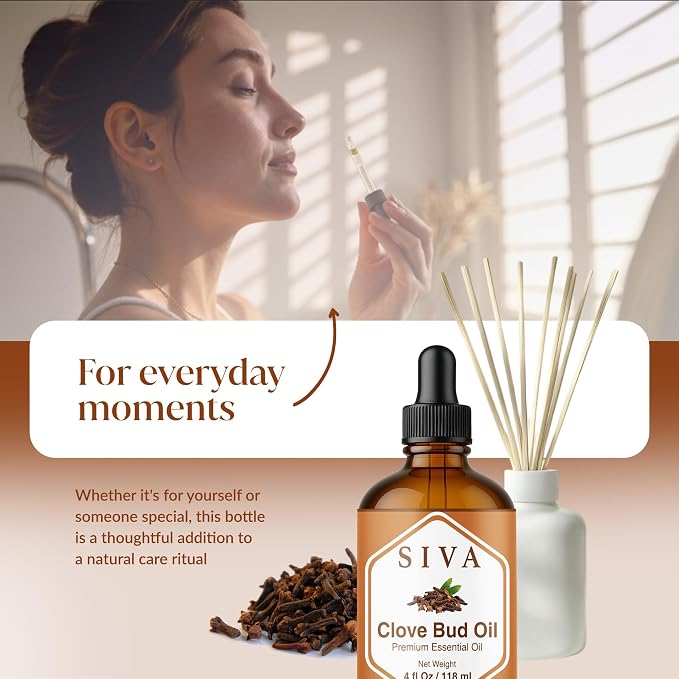 Siva Clove Bud Essential Oil 4 Fl Oz – for Diffuser, Skin & Hair Care – Ideal for Massage & DIY Blends- with Dropper