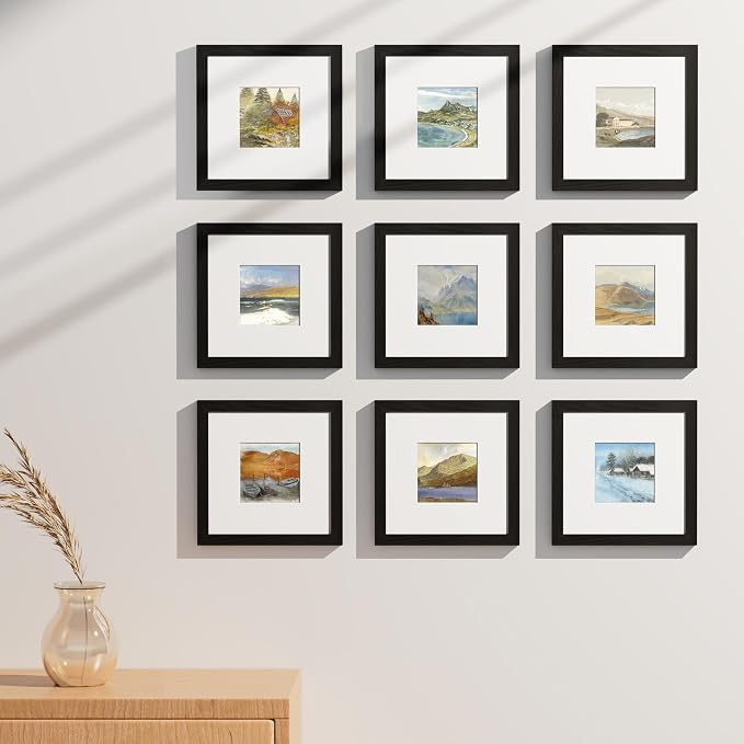Vittanly 8x8 Picture Frames Set of 9, Shatter Resistant Plexiglass, Display 4x4 Pictures with Mat or 8x8 without Mat, Photo Frames for Wall Mount, Engineered Wood, Black