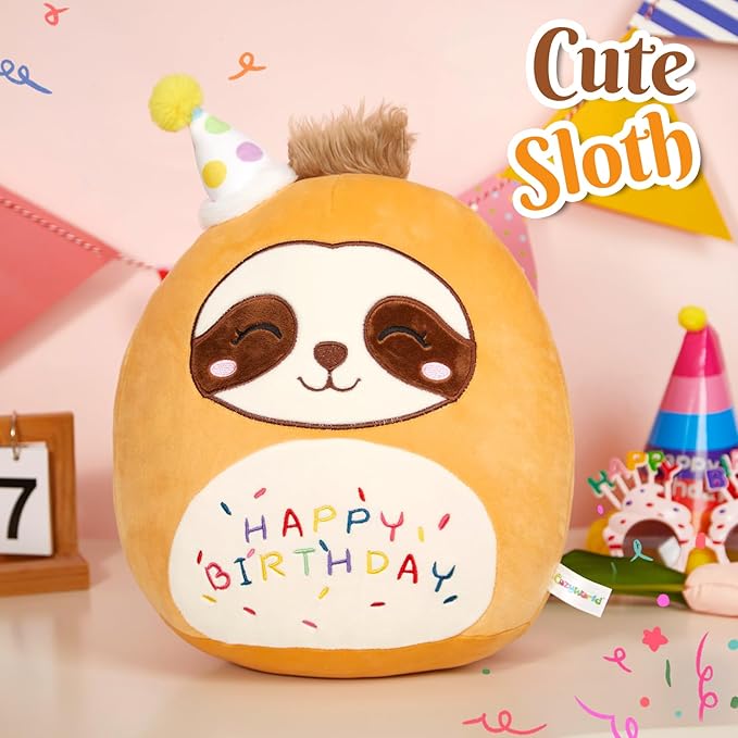 15" Birthday Sloth Plush Stuffed Animals Original Cute Sloth Plushie Large Cuddle Pillow Happy Birthday Gift for Kids Boys Girls