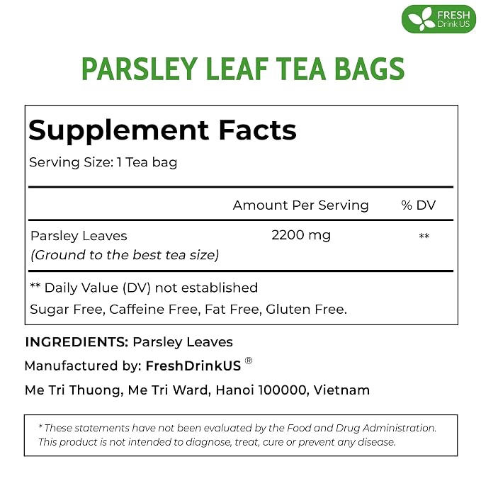 Premium 75 Parsley Leaf Tea Bags, 100% Natural & Pure from Parsley Leaves. Loose Leaf Parsley Herbal Tea. Parsley Leaf Tea. Made with Natural Material Tea Bags. No Sugar, No Caffeine, No Gluten, Vegan.