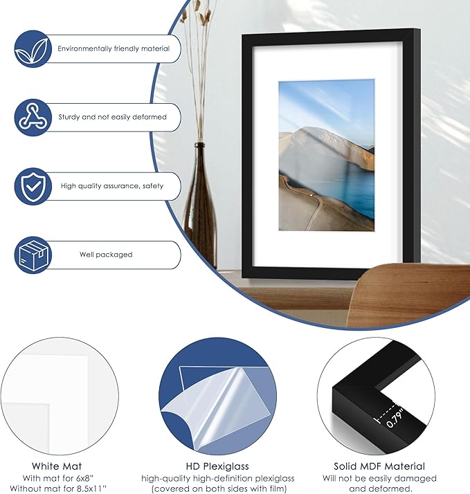 12x16 Picture Frame Set of 6, Wall Mounting Display, Black | Display 8.5x11 with Mat or 12x16 Without Mat, Horizontal or Vertical, Gallery Wall Frame Set for Wedding & Room & Home Decor