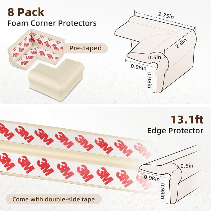 Edge Protectors, Baby Proof Corners and Edges Safety Bumpers Desk Edge Cushion, 13 ft with 8 Pcs Foam Corner Protectors for Table, Fireplace, Cabinet, Stair, Furniture, Off White